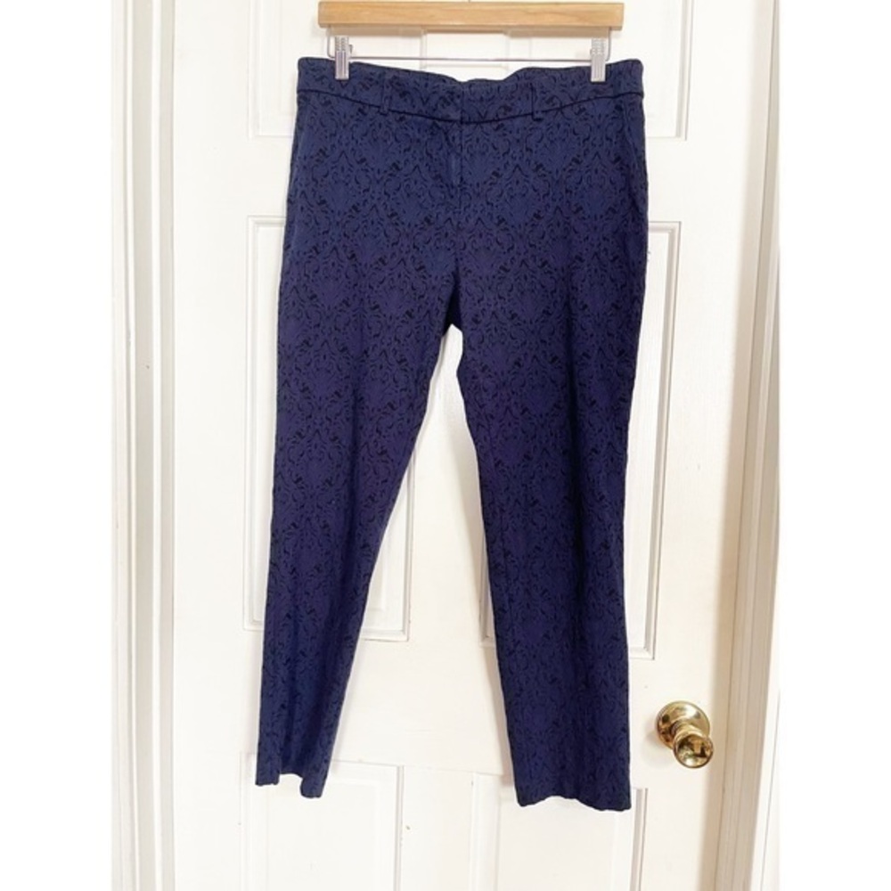 Adrienne Vittadini Navy Blue Brocade Skinny Stretch Pants Sz 14